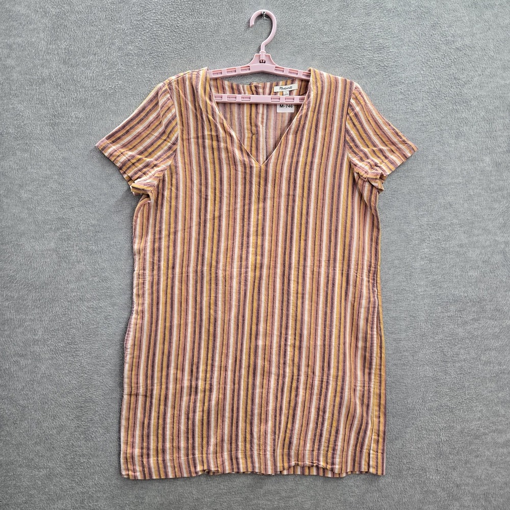 Madewell Women Dress‎ L Orange Button-Back Easy Dress Rainbow Stripe Mini Linen